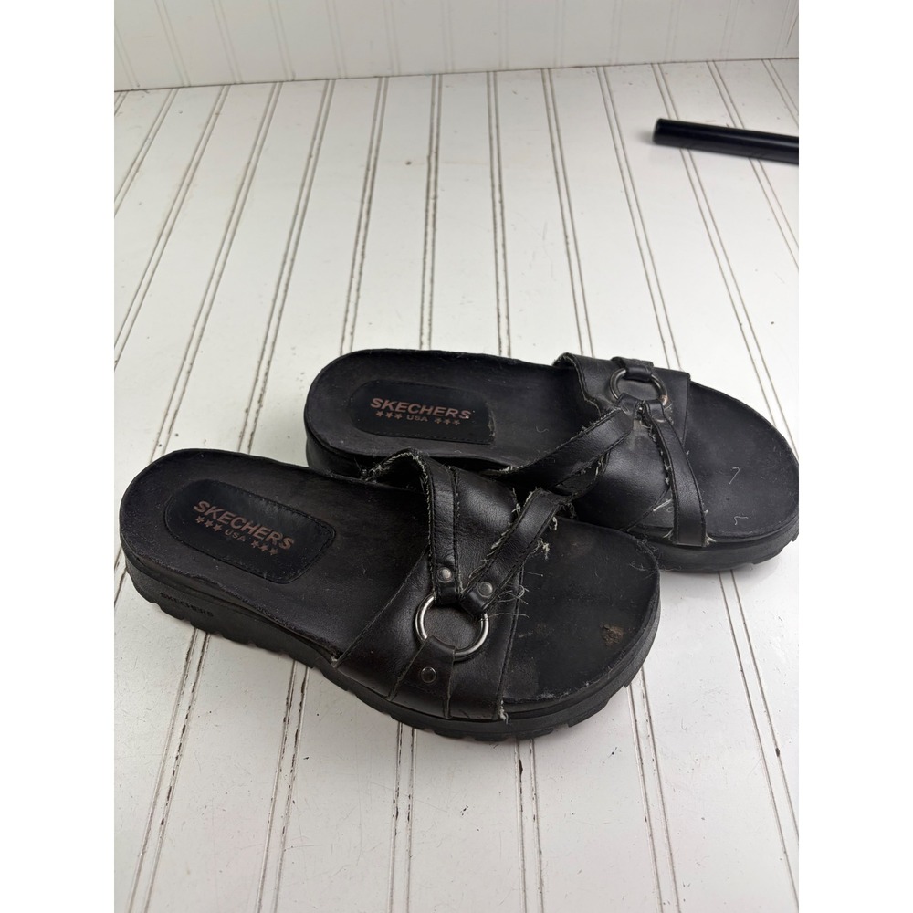 Skechers Vintage Y2K Black Leather Platform Slide Sandals Women's Size 7 - Picture 6 of 11